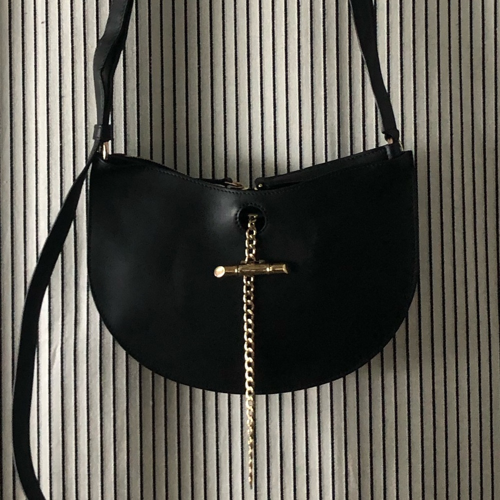 Black Women's Shanghai Tang Fortune Cookie Crossbody Bag with Gold Chain Accent